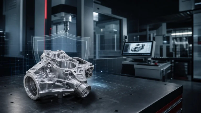 Secure precision manufacturing workflow with a machined metal component and abstract data-protection shield