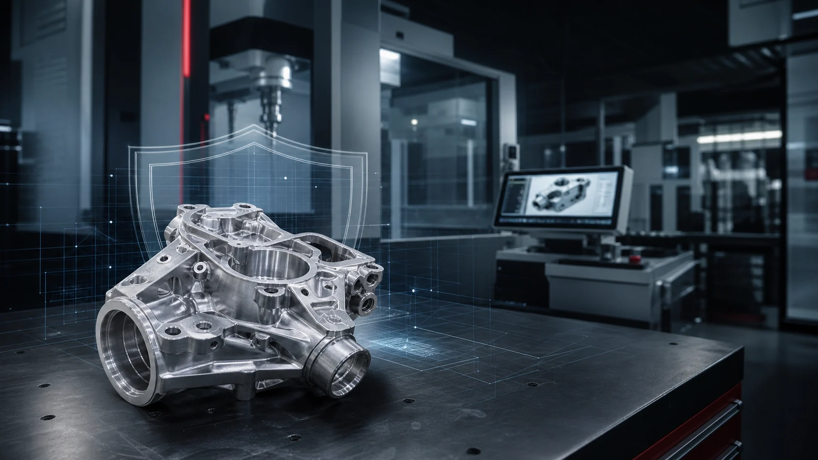 Secure precision manufacturing workflow with a machined metal component and abstract data-protection shield