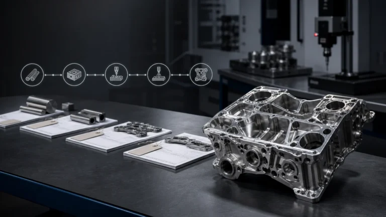 Machined aerospace component beside material certifications and a tiered supply-chain traceability display