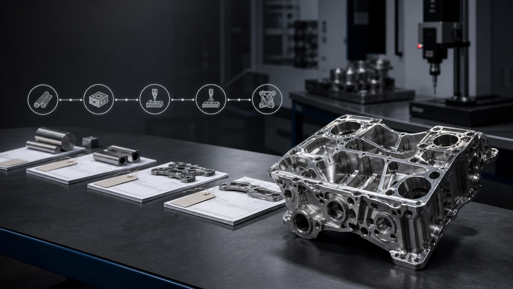 Machined aerospace component beside material certifications and a tiered supply-chain traceability display